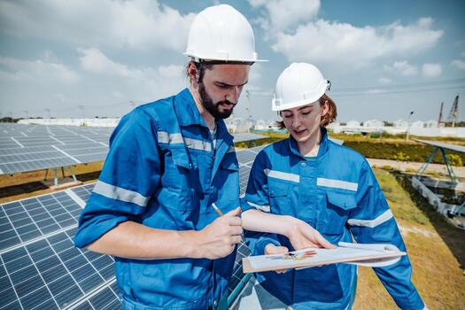 Solar engineers visually examine panel arrays on farm sites using blueprints and drawings to ensure that the alignment, surface, sunlight access, and structural stability meet standard requirements. photo
