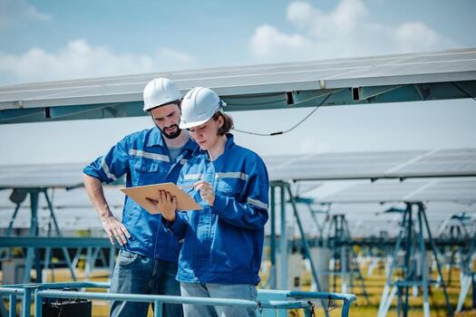Solar engineers visually examine panel arrays on farm sites using blueprints and drawings to ensure that the alignment, surface, sunlight access, and structural stability meet standard requirements. photo