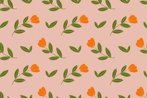 Orange tulip flowers on peach background. Vintage hand-drawn vector pattern for wallpaper, card, stationery design. Minimal floral seamless pattern.