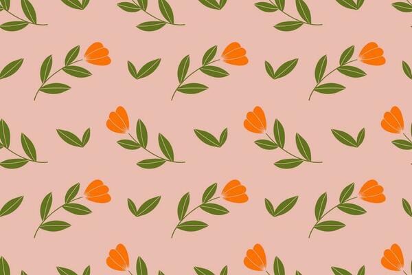 Orange tulip flowers on peach background. Vintage hand-drawn vector pattern for wallpaper, card, stationery design. Minimal floral seamless pattern.
