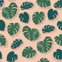 Monstera leaves silhouette with shadows pattern on trendy coral background. Flat illustration style for wrapping paper, wallpaper, fabric, textile vector