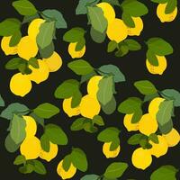 limones gouache plano ilustraciones sin costura modelo. verde hojas y limones aislado en negro antecedentes para envase papel, fondo de pantalla, tela vector