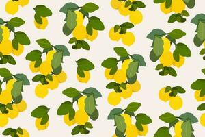 Lemons gouache flat illustrations seamless pattern. Green leaves and lemons isolated on light background for wrapping paper, wallpaper, fabric. vector