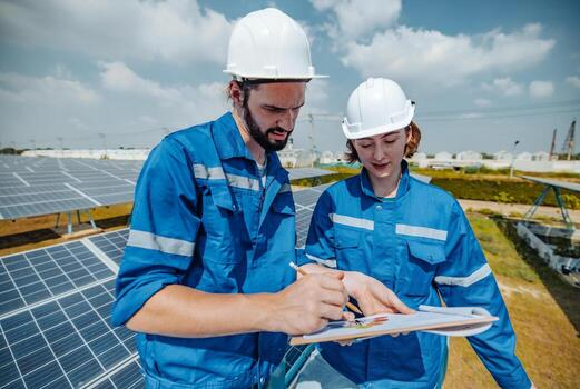 Solar engineers visually examine panel arrays on farm sites using blueprints and drawings to ensure that the alignment, surface, sunlight access, and structural stability meet standard requirements. photo