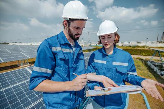 Solar engineers visually examine panel arrays on farm sites using blueprints and drawings to ensure that the alignment, surface, sunlight access, and structural stability meet standard requirements. photo