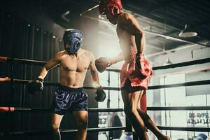 Boxer use various punch combinations, including the jab, hook, uppercut, cross, swing, straight. Getting in close to make opponent on ropes and knockout. Boxing champions win the round in boxing ring photo