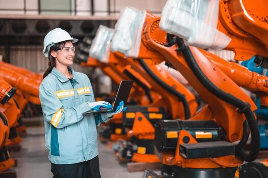 robótico ingeniero conducta regular mantenimiento por inspeccionando, pruebas, y corriendo software prueba a garantizar robot permanecer en estándar condición.grabación, informes dañado, incompleto artículos a supervisor foto