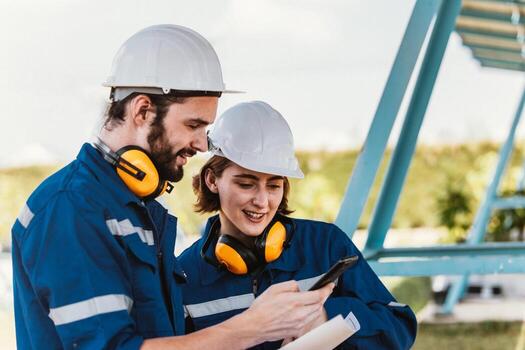 Solar engineers visually examine panel arrays on farm sites using blueprints and drawings to ensure that the alignment, surface, sunlight access, and structural stability meet standard requirements. photo