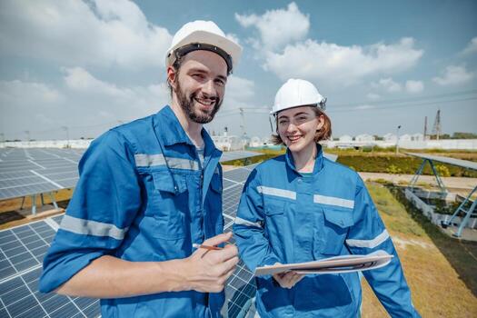 Solar engineers visually examine panel arrays on farm sites using blueprints and drawings to ensure that the alignment, surface, sunlight access, and structural stability meet standard requirements. photo