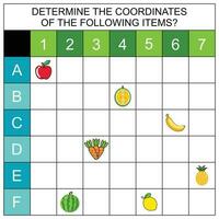 Educational games for kids. Count how many fruits and vegetables. An introduction to the concept of the coordinate system worksheet using a game involving fruit. Fun worksheets vector