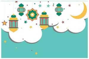 Ramadan Kareem greeting card with lanterns and crescent moon. Muslim ornament. Suitable for greeting cards for Eid al-Adha, Eid al-Fitr, and other Muslim holiday celebrations vector