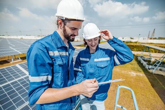 Solar engineers visually examine panel arrays on farm sites using blueprints and drawings to ensure that the alignment, surface, sunlight access, and structural stability meet standard requirements. photo