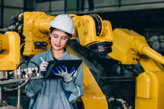 robótico ingeniero conducta regular mantenimiento por inspeccionando, pruebas, y corriendo software prueba a garantizar robot permanecer en estándar condición.grabación, informes dañado, incompleto artículos a supervisor foto