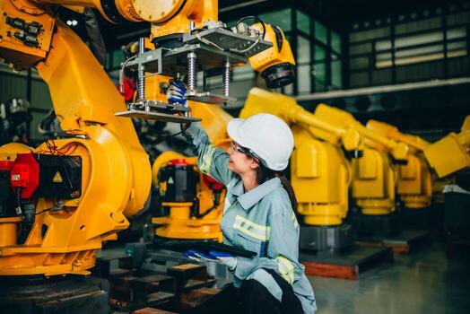 robótico ingeniero conducta regular mantenimiento por inspeccionando, pruebas, y corriendo software prueba a garantizar robot permanecer en estándar condición.grabación, informes dañado, incompleto artículos a supervisor foto