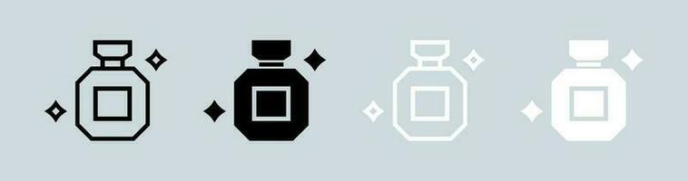 perfume icono conjunto en negro y blanco. botella señales vector ilustración.