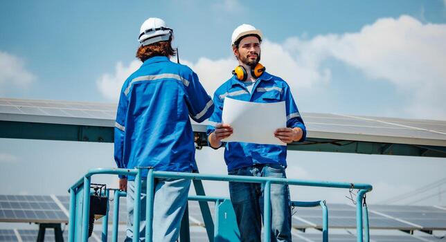 Solar engineers visually examine panel arrays on farm sites using blueprints and drawings to ensure that the alignment, surface, sunlight access, and structural stability meet standard requirements. photo