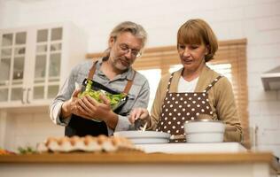 Couples in their golden years cook together. Deep talk can bring back vivid memories and romantic times. There is still a sense of fun, mutual understanding, commitment, support, and reliability. photo