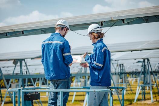 Solar engineers visually examine panel arrays on farm sites using blueprints and drawings to ensure that the alignment, surface, sunlight access, and structural stability meet standard requirements. photo