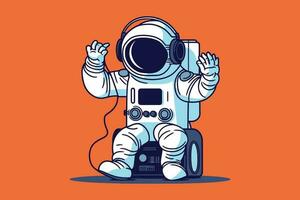 linda bebé astronauta personaje sentado en radio escuchando música creativo único mascota logo camiseta sublimación vector diseño modelo