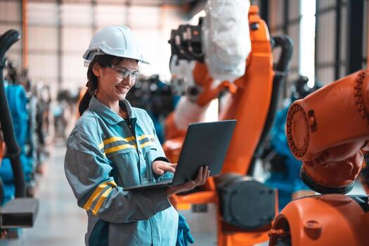 robótico ingeniero conducta regular mantenimiento por inspeccionando, pruebas, y corriendo software prueba a garantizar robot permanecer en estándar condición.grabación, informes dañado, incompleto artículos a supervisor foto