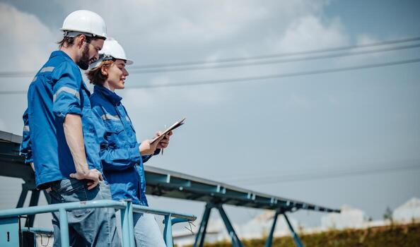 Solar engineers visually examine panel arrays on farm sites using blueprints and drawings to ensure that the alignment, surface, sunlight access, and structural stability meet standard requirements. photo