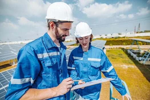 Solar engineers visually examine panel arrays on farm sites using blueprints and drawings to ensure that the alignment, surface, sunlight access, and structural stability meet standard requirements. photo