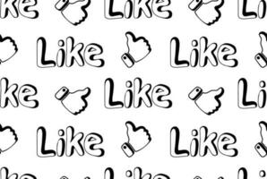 Seamless pattern of hand-drawn  words Like and Thumb up on white background vector