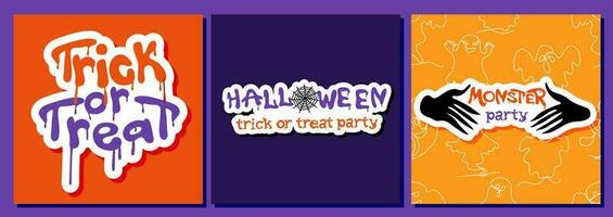 Set of halloween square posters or greeting cards with ghosts and spider webs. vector