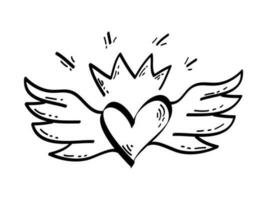 Doodle heart with wings and crown. hand drawn style. isolated on white background. vector illustration