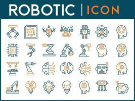 Industrial robot, icon set. Mechanical hydraulic robotic arm for manufacturing, linear icons. vector