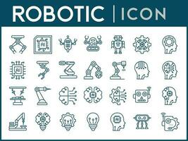 Industrial robot, icon set. Mechanical hydraulic robotic arm for manufacturing, linear icons. vector