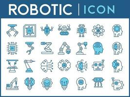 Industrial robot, icon set. Mechanical hydraulic robotic arm for manufacturing, linear icons. vector