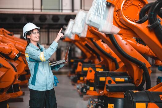 robótico ingeniero conducta regular mantenimiento por inspeccionando, pruebas, y corriendo software prueba a garantizar robot permanecer en estándar condición.grabación, informes dañado, incompleto artículos a supervisor foto