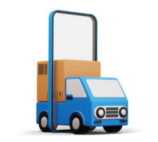 levering auto met telefoon en pakket doos, vervoer voertuig, 3d renderen png