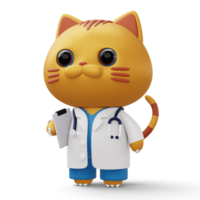 Cute doctor cat, 3d cartoon cat character, 3d rendering png