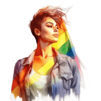 corto pelo mujer en arco iris bandera detrás su, concepto de orgullo día, lgbtq, del mismo sexo relaciones y homosexual ai generado png