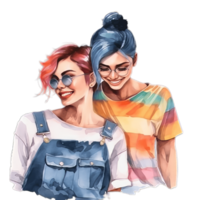 Due giovane ragazze nel bicchieri ridere chiuso per ogni altro con colorato capelli indossare arcobaleno tee camicia, lgbtq, dello stesso sesso relazioni e omosessuale concetto ai generato png