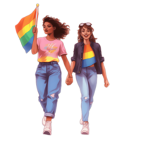 dos chicas, uno sostener arco iris bandera, y uno vestir arco iris tee camisa, lleno cuerpo caminando, concepto de orgullo día, lgbtq, del mismo sexo relaciones y homosexual ai generado png