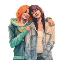 Two Lesbian Girls With Smart Casual Outfit Embrace Each Other, Concept of Pride Day, LGBTQ, Same-Sex Relationships and Homosexual Ai Generated png