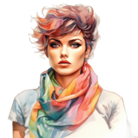Front View of Short Hair Woman With Rainbow Flag On Her Neck Wear White Tee Shirt, Concept of Pride Day, LGBTQ, Same-Sex Relationships and Homosexual Ai Generated png