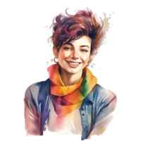 corto pelo mujer risa frente ver vestir arco iris bufanda, concepto de orgullo día, lgbtq, del mismo sexo relaciones y homosexual ai generado png