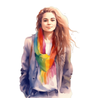 Long Hair Woman With Rainbow Scarf On Her Neck Waist Up Shot, Concept of Pride Day, LGBTQ, Same-Sex Relationships and Homosexual Ai Generated png