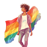 Gay kvinna med skjorta och jeans stående i främre av regnbåge flagga bakgrund, begrepp av stolthet dag, hbtq, samma kön relationer och homosexuell ai genererad png