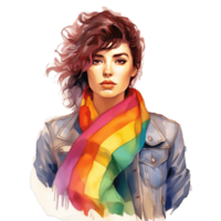 Front View of Woman On Rainbow Flag On Her Neck Wear Blue Jacket Jeans, Concept of Pride Day, LGBTQ, Same-Sex Relationships and Homosexual Ai Generated png