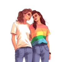 dos joven muchachas gay abrazo cada otro vestir arco iris tee camisa símbolo de lgbtq social movimiento de pie, lgbtq, del mismo sexo relaciones y homosexual concepto ai generado png