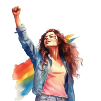activiste femme avec poing bras pointu à le air plus de arc en ciel Contexte célébrer fierté jour, lgbtq, de même sexe des relations et homosexuel concept ai généré png