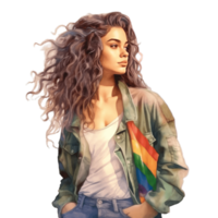 Attractive Woman Activist With Rainbow Flag On Her Jacket Pose Celebrate Pride Day, LGBTQ, Same-Sex Relationships and Homosexual Concept png