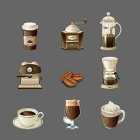 Cliparts of alternative coffee brewing methods and tools. Set of coffee machines, utensils, cups, coffee beans icons. Isolated hand drawn element for cafe, menu, coffee shop vector