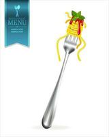 Fork with noodles. cutlery vector realistic. Horizontal food design template.