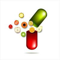 Open the nutritional capsule pill, containing various fruits vector